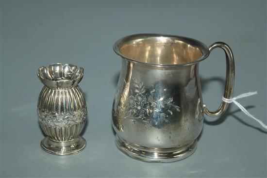 Silver christening mug and a small Victorian silver vase (2)